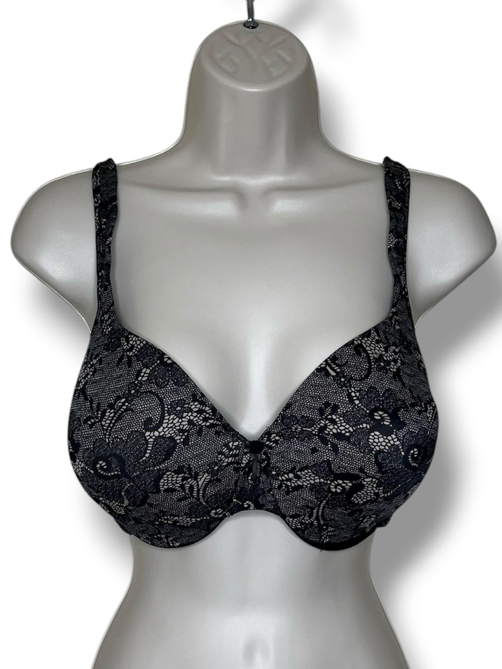 Bali 36DD Underwire Bra Black Beige Floral Faux Lace Print Full Coverage Support